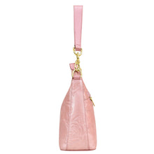 Load image into Gallery viewer, Pink Anuschka genuine leather keychain pouch with gold-tone hardware.
