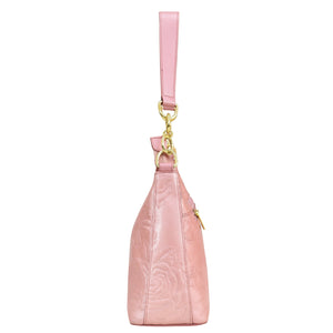 Pink Anuschka genuine leather keychain pouch with gold-tone hardware.