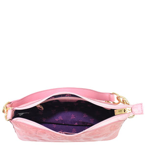 Pink Anuschka Hobo With Chain Strap - 707 shoulder bag with an open zipper showing the interior fabric.