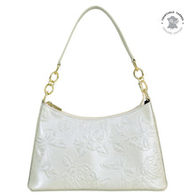 Load image into Gallery viewer, White Anuschka genuine leather hobo handbag with floral embossing and gold-tone hardware, including a chain strap - style 707.
