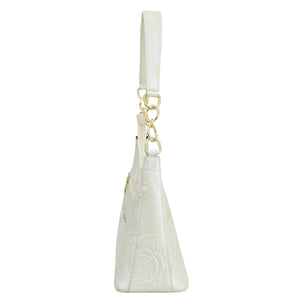 White Anuschka Hobo With Chain Strap - 707 in genuine leather with a gold-tone metal ring and clasp.