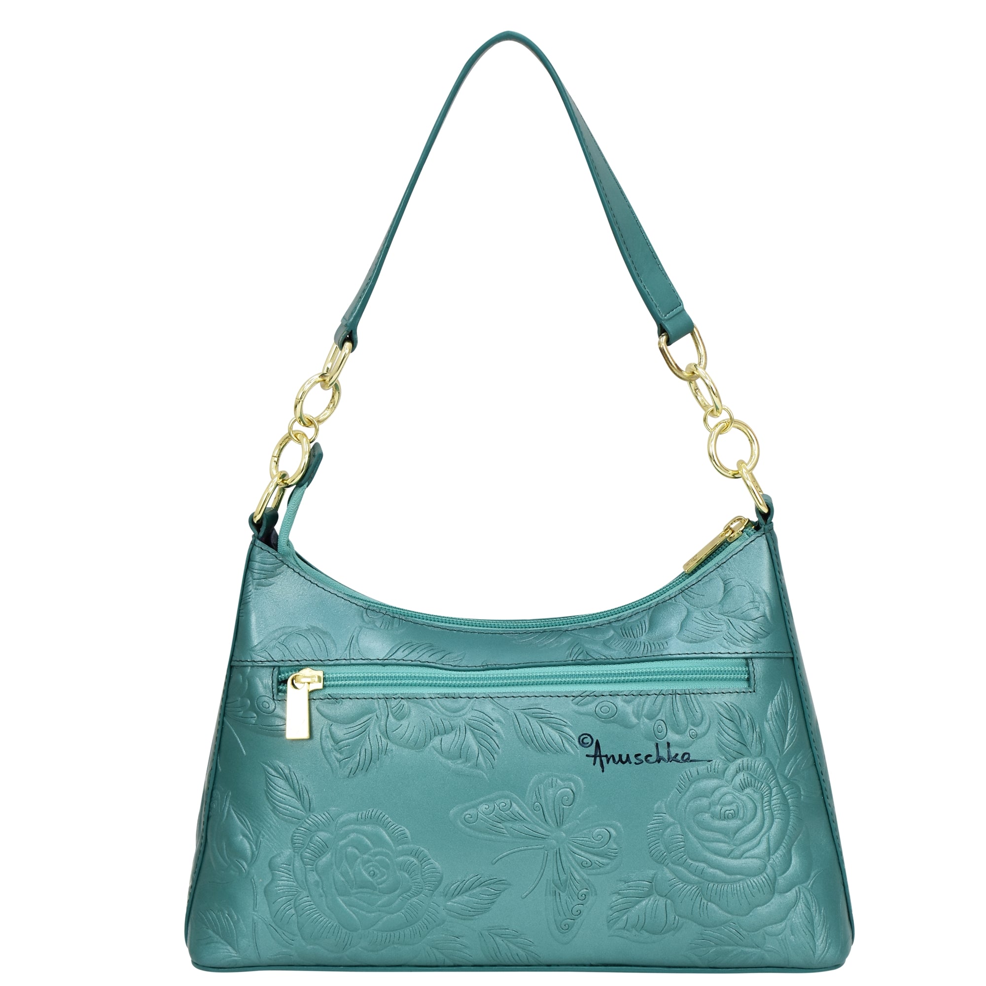 Teal leather Anuschka hobo bag with floral embossing and gold-tone hardware, featuring a chain detail shoulder strap.