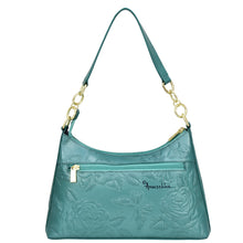 Load image into Gallery viewer, Teal leather Anuschka hobo bag with floral embossing and gold-tone hardware, featuring a chain detail shoulder strap.
