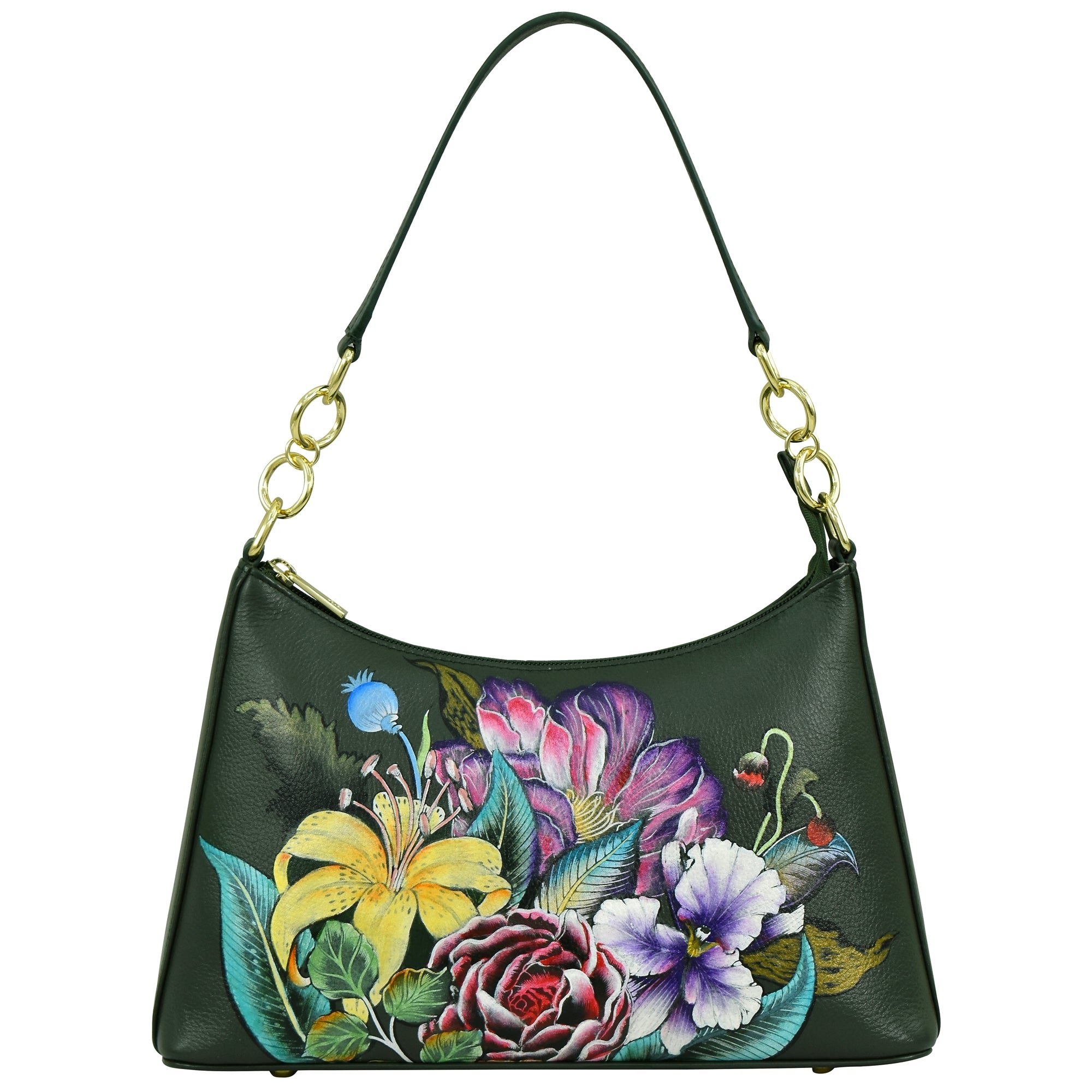 The Anuschka Zip-Top Shoulder Hobo - 707 is a dark green leather bag with a short strap and gold rings, beautifully adorned with a vibrant floral design that includes lilies, roses, and other flowers.