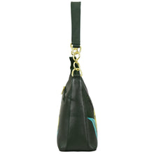 Load image into Gallery viewer, Side view of the Anuschka Zip-Top Shoulder Hobo - 707 in dark green genuine leather, featuring a gold chain detail and a short handle.
