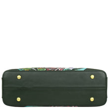 Load image into Gallery viewer, Bottom view of an Anuschka Zip-Top Shoulder Hobo - 707 in green leather with a floral print, showcasing four gold-colored metal studs.
