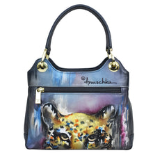 Load image into Gallery viewer, A hand-painted Anuschka designer leather satchel featuring a colorful leopard print design.
