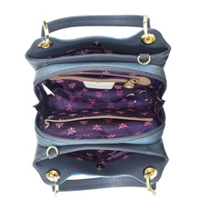 Load image into Gallery viewer, Top view of an open, empty Anuschka blue leather satchel with Crossbody Strap - 708 displaying multiple compartments with a purple floral lining.
