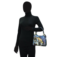 Load image into Gallery viewer, Mannequin displaying an Anuschka tiger-print leather Satchel With Crossbody Strap - 708.
