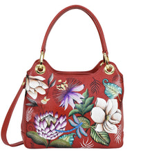 Load image into Gallery viewer, Red leather Anuschka satchel with floral pattern embroidery.
