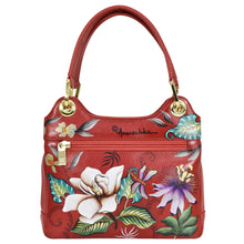 Load image into Gallery viewer, A red floral-print leather Satchel With Crossbody Strap - 708 by Anuschka with gold-tone hardware.
