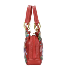 Load image into Gallery viewer, Anuschka&#39;s Satchel With Crossbody Strap - 708, features a red leather design with tropical bird and leaf print and gold-tone hardware.
