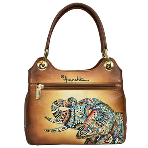 Hand-painted leather Satchel With Crossbody Strap - 708 with elephant design by Anuschka.