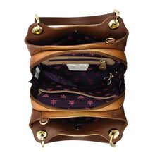 Load image into Gallery viewer, Open Anuschka brown leather satchel with crossbody strap displaying its compartments and floral inner lining, designed for perfect organization.
