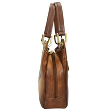 Load image into Gallery viewer, Side view of a brown leather Anuschka satchel with gold-tone hardware.
