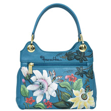 Load image into Gallery viewer, Blue hand-painted Anuschka leather satchel with floral and butterfly designs.

