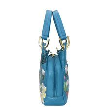 Load image into Gallery viewer, Blue leather satchel with floral embroidery and gold-tone hardware. 
Product: Anuschka Satchel With Crossbody Strap - 708
