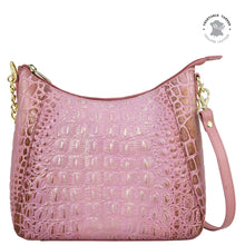 Load image into Gallery viewer, Light pink leather Zip-Top Shoulder Hobo - 709 with crocodile texture, hand-painted artwork, and gold chain detail by Anuschka.
