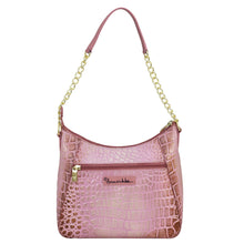 Load image into Gallery viewer, Pink Anuschka Zip-Top Shoulder Hobo - 709 with gold chain strap.
