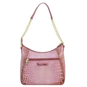 Pink Anuschka Zip-Top Shoulder Hobo - 709 with gold chain strap.