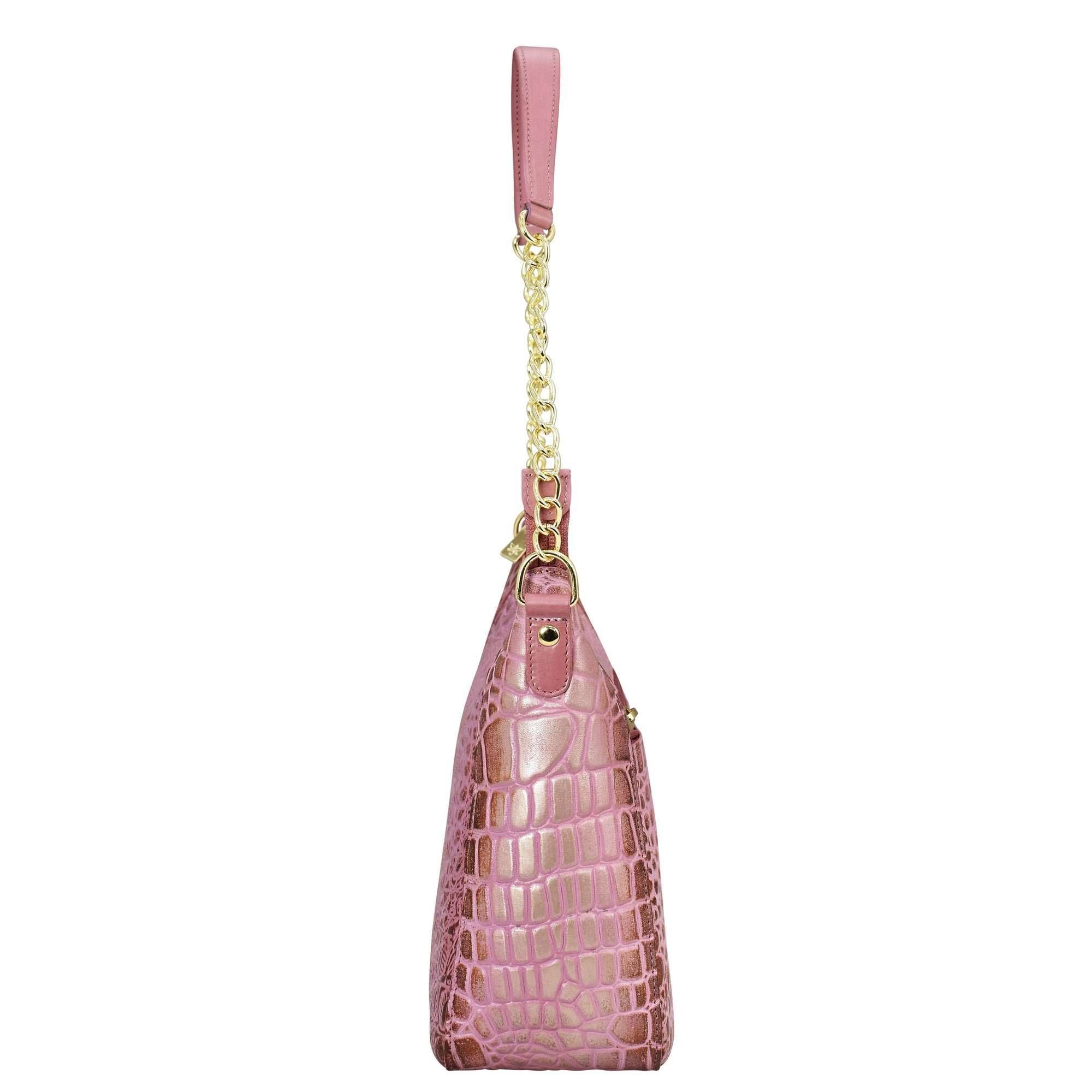 Pink Anuschka Zip-Top Shoulder Hobo - 709 with gold chain link detail.