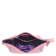 Load image into Gallery viewer, Pink lace-patterned Anuschka genuine leather cosmetic bag opened to reveal empty interior.
