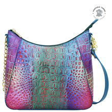 Load image into Gallery viewer, Multicolored Anuschka genuine leather handbag with a gold chain strap, featuring hand painted artwork.
