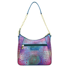 Load image into Gallery viewer, Blue and pink textured leather Anuschka Zip-Top Shoulder Hobo - 709 with gold chain link detail strap.
