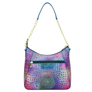Blue and pink textured leather Anuschka Zip-Top Shoulder Hobo - 709 with gold chain link detail strap.