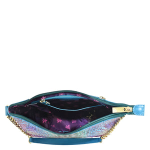 Open Anuschka teal and gold women's leather Zip-Top Shoulder Hobo - 709 clutch purse with a chain strap and floral pattern interior.