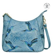 Replacement: Blue leather Anuschka Zip-Top Shoulder Hobo - 709 with hummingbird print design.