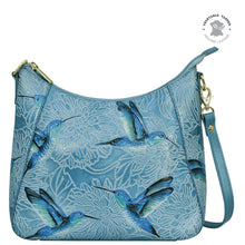 Load image into Gallery viewer, Replacement: Blue leather Anuschka Zip-Top Shoulder Hobo - 709 with hummingbird print design.
