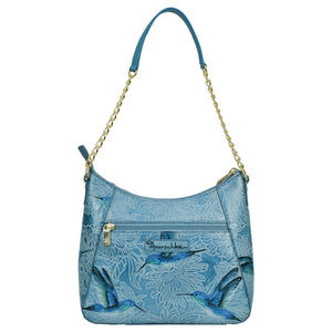 Anuschka Zip-Top Shoulder Hobo - 709 with bird motifs, hand painted artwork, and chain strap.