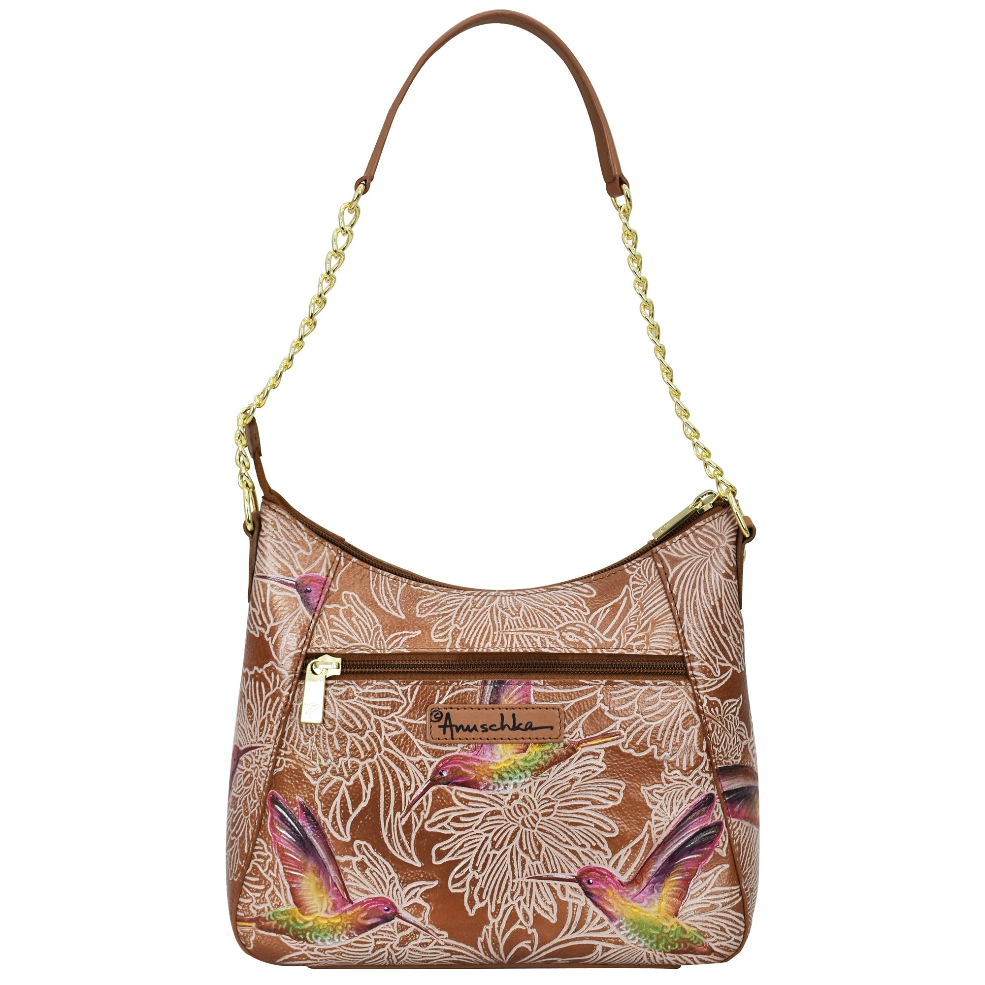 A Zip-Top Shoulder Hobo - 709 by Anuschka with a bird and floral print design, featuring a chain link detail strap.