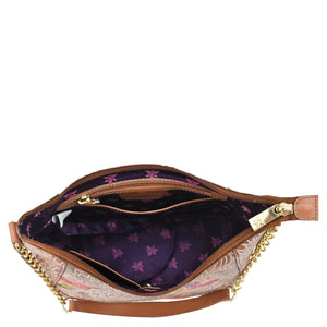 Open Anuschka Zip-Top Shoulder Hobo - 709 displaying interior and contents with chain link detail.
