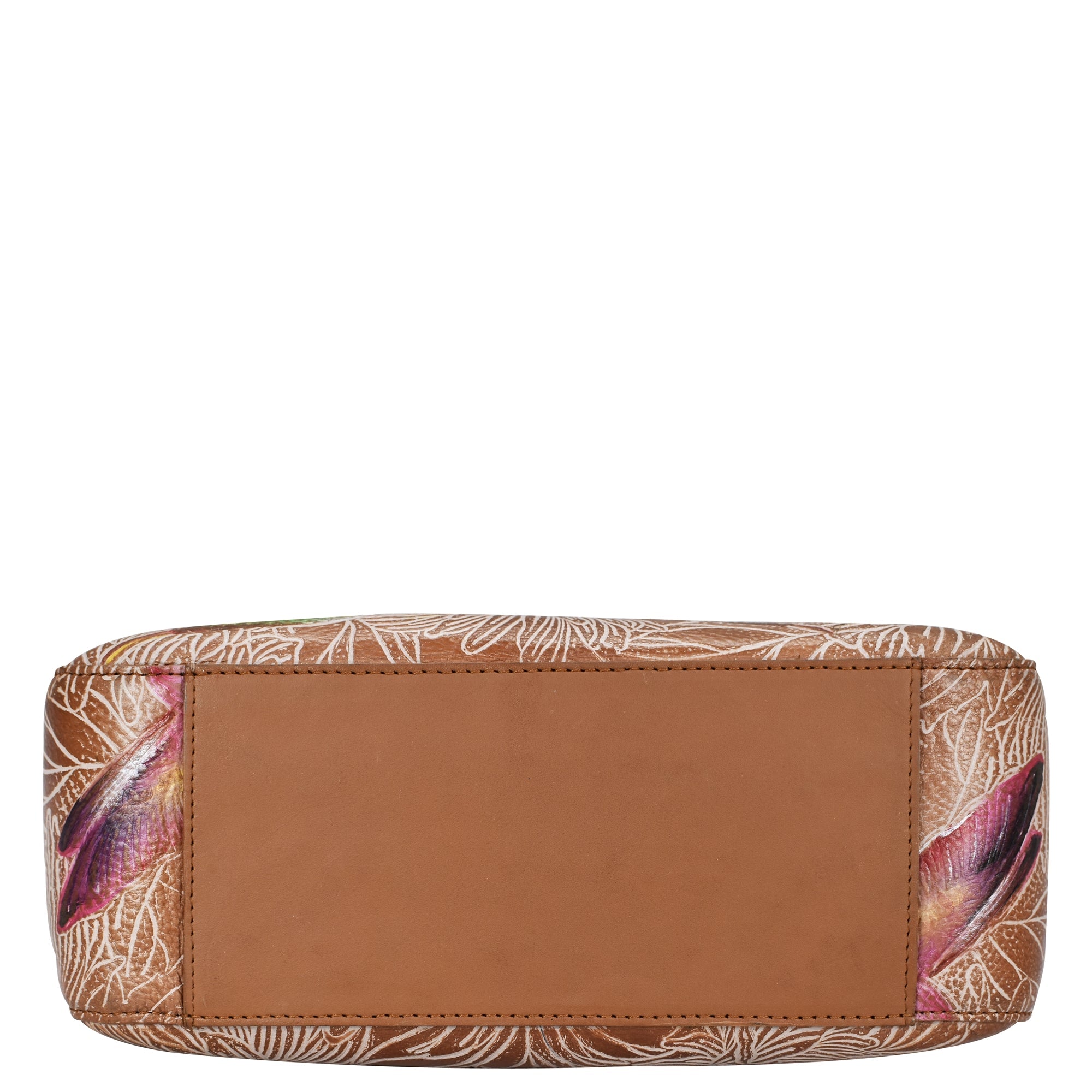 Patterned Zip-Top Shoulder Hobo - 709 clutch purse with a plain brown rectangular patch and hand-painted artwork by Anuschka.