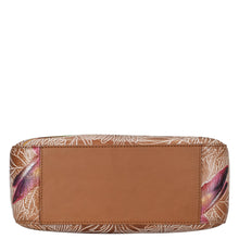 Load image into Gallery viewer, Patterned Zip-Top Shoulder Hobo - 709 clutch purse with a plain brown rectangular patch and hand-painted artwork by Anuschka.
