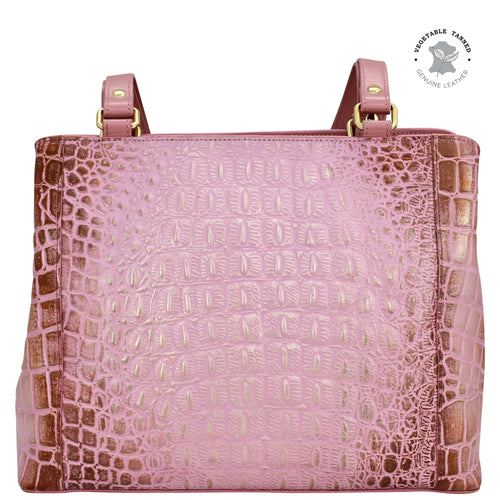 Pink Anuschka Medium Everyday Tote - 710 with crocodile pattern and brown accents.
