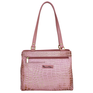 Pink Medium Everyday Tote - 710 with crocodile texture, leather exterior, and Anuschka logo on the front.