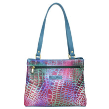 Load image into Gallery viewer, Medium Everyday Tote - 710 from Anuschka, crafted from genuine leather, features a blue tote bag with a multicolor snakeskin pattern and a brand logo on the front.
