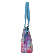 Load image into Gallery viewer, Multicolored Anuschka genuine leather crocodile skin pattern Medium Everyday Tote - 710 with a blue strap.
