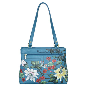 Blue floral-patterned leather Medium Everyday Tote - 710 with shoulder strap by Anuschka.