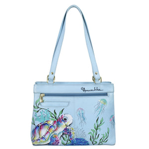 Anuschka Medium Everyday Tote - 710 with hand painted sea turtle and jellyfish design.