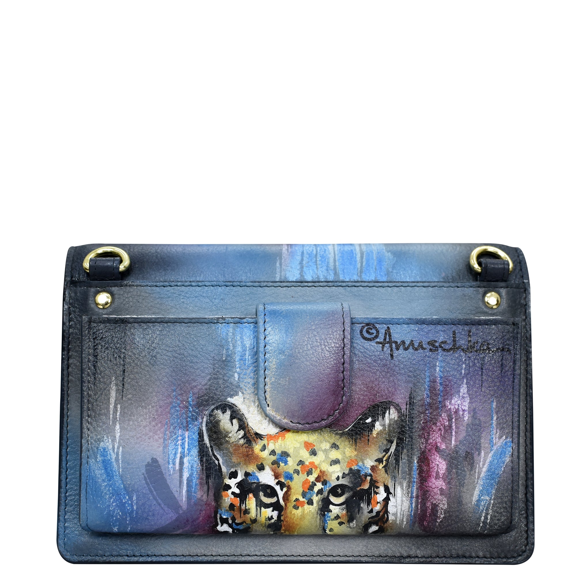 Handbag with a painted tiger design, a star embellishment, and an RFID blocking feature - Anuschka's 4 in 1 Organizer Crossbody - 711.