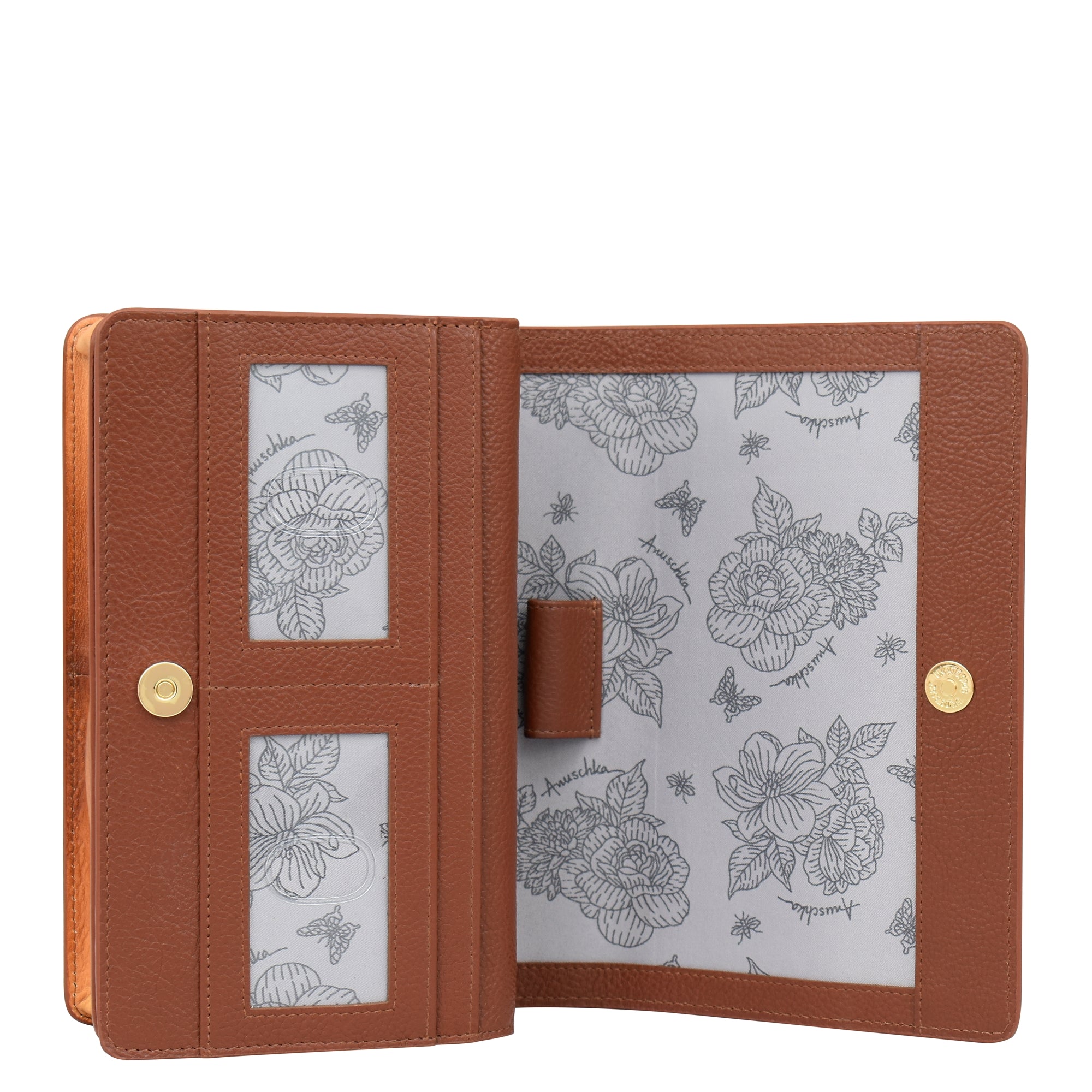 Anuschka's 4 in 1 Organizer Crossbody - 711 is an open brown genuine leather wallet featuring a charming floral and bee pattern lining. It includes slots for cards, offers RFID blocking protection, and has a snap button closure.