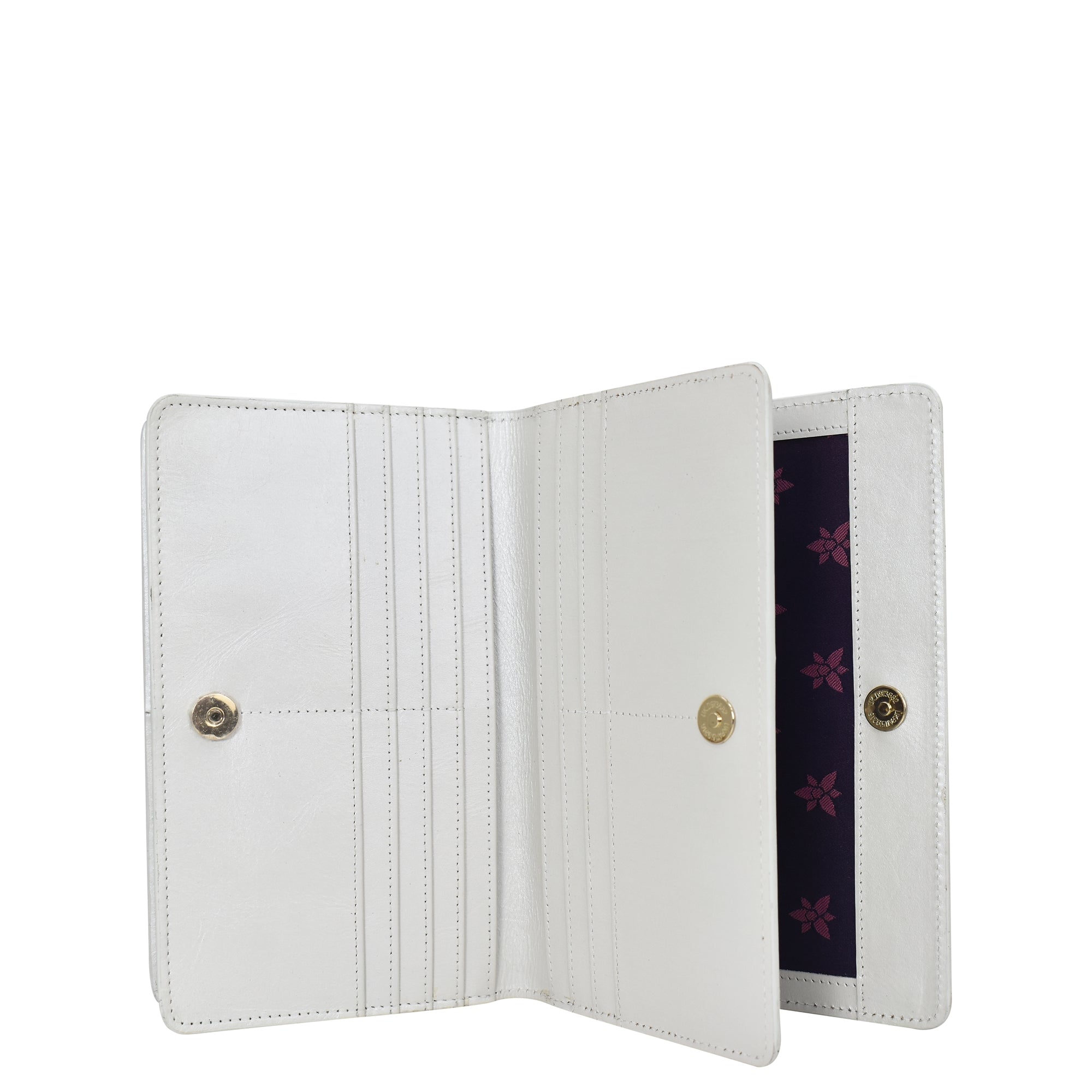 White genuine leather Anuschka 4 in 1 Organizer Crossbody - 711 with a floral interior design.