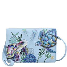 Load image into Gallery viewer, Light blue genuine leather handbag with sea turtle and jellyfish illustration - Anuschka 4 in 1 Organizer Crossbody - 711.
