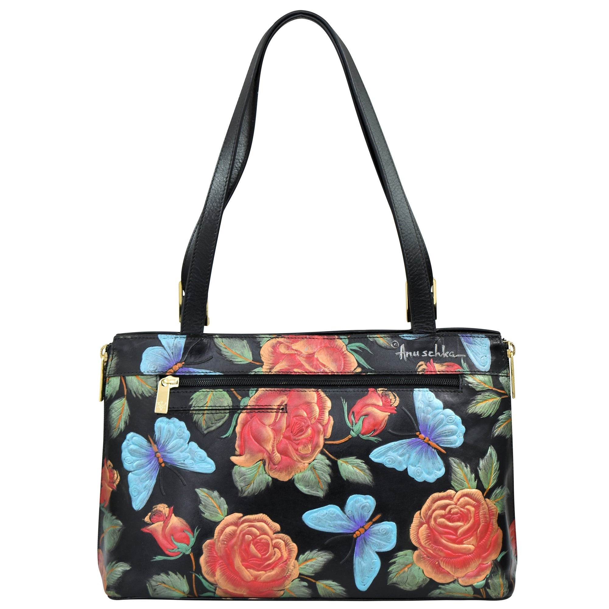 An Anuschka Expandable Shopper Tote - 712 in black, adorned with hand-painted floral and butterfly designs, featuring two straps, a front zipper pocket, and a gold-colored zipper.