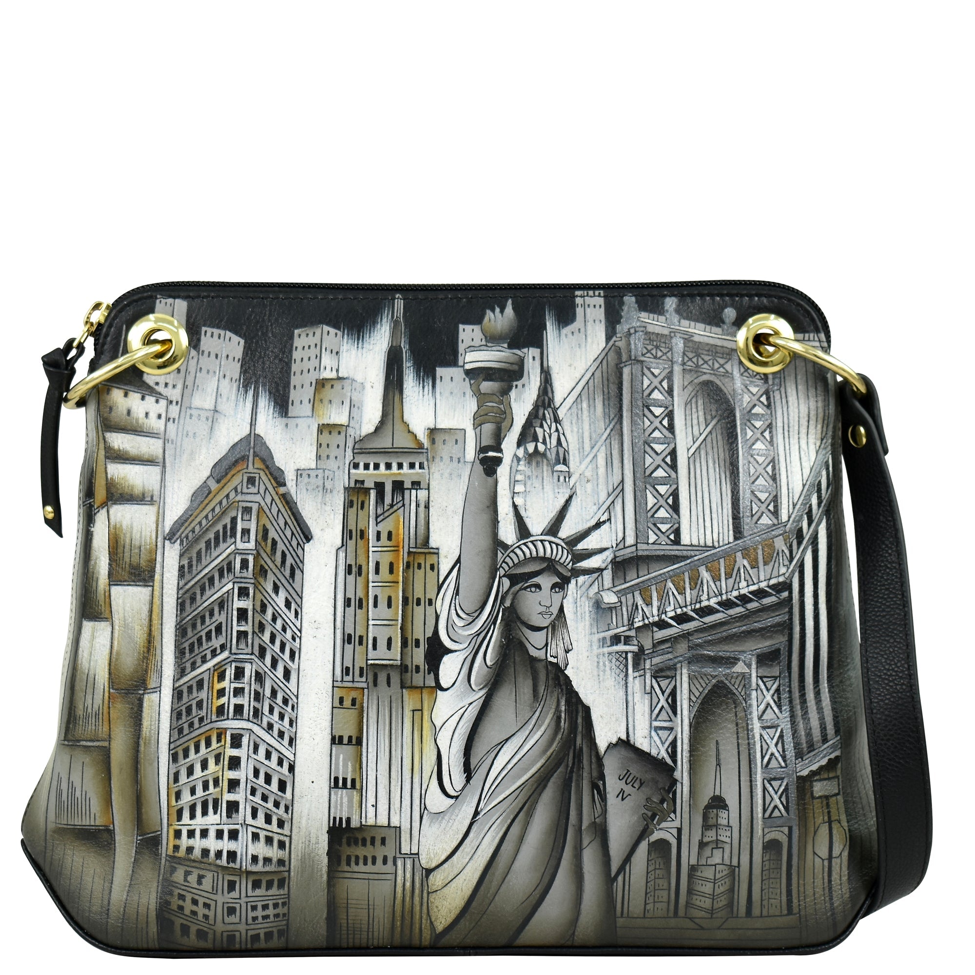 The Anuschka Crossbody Sling Bag - 713 is a genuine leather handbag featuring a hand-painted black-and-white illustration of the Statue of Liberty amidst various New York City landmarks, complete with an adjustable crossbody strap for added convenience.