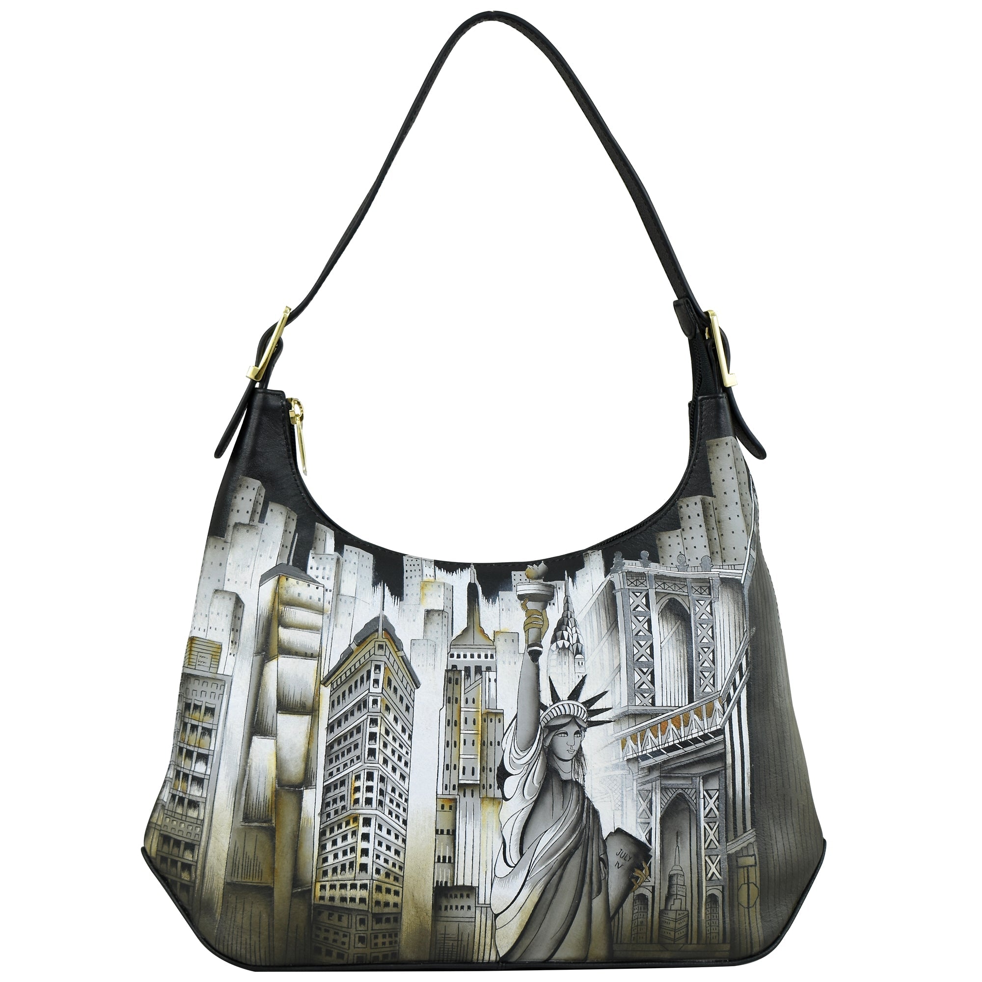 An Anuschka Slim Shoulder Hobo - 714 handbag featuring a cityscape design with the Statue of Liberty and skyscrapers in a sophisticated black, gold, and white palette. Crafted from genuine leather, it also comes with an adjustable buckle handle for versatile styling.